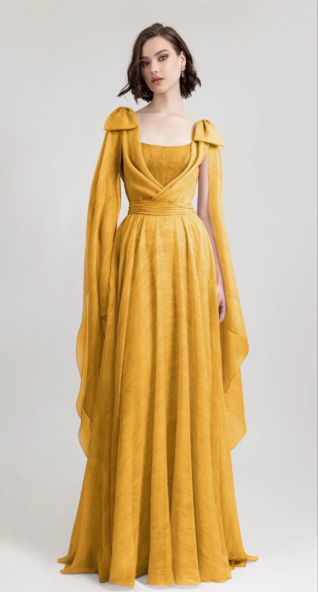 Dress With Draping, Mustard Dress, Drape Gowns, Fantasy Dresses, Fantasy Gowns, Fantasy Dress, Bow Design, Mode Inspo, Fantasy Fashion