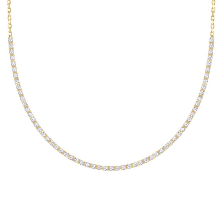 Introducing our stunning Half-Way Diamond Tennis Necklace crafted in 14K Gold, available in both yellow and white gold options. This exquisite necklace features a total diamond weight of 0.54 carats, adding a brilliant sparkle to your neckline. Whether you choose the classic yellow gold or the elegant white gold variation, this necklace is a timeless and sophisticated piece that will complement any outfit. Elevate your look with the luxury and elegance of this Half-Way Diamond Tennis Necklace, p Everyday Luxury White Diamond Cut Necklace, White Diamond Necklace With Accents For Everyday Luxury, Classic Diamond Necklace With Pave Setting, Classic White Diamond Necklace With Pave Setting, Classic Diamond Necklace With Pave Setting For Everyday Luxury, Classic Everyday Diamond Necklace With Pave Setting, White Brilliant Cut Diamond Necklace For Everyday Luxury, Classic Everyday Luxury Diamond Necklace With Pave Setting, Classic White Necklace With Pave Setting