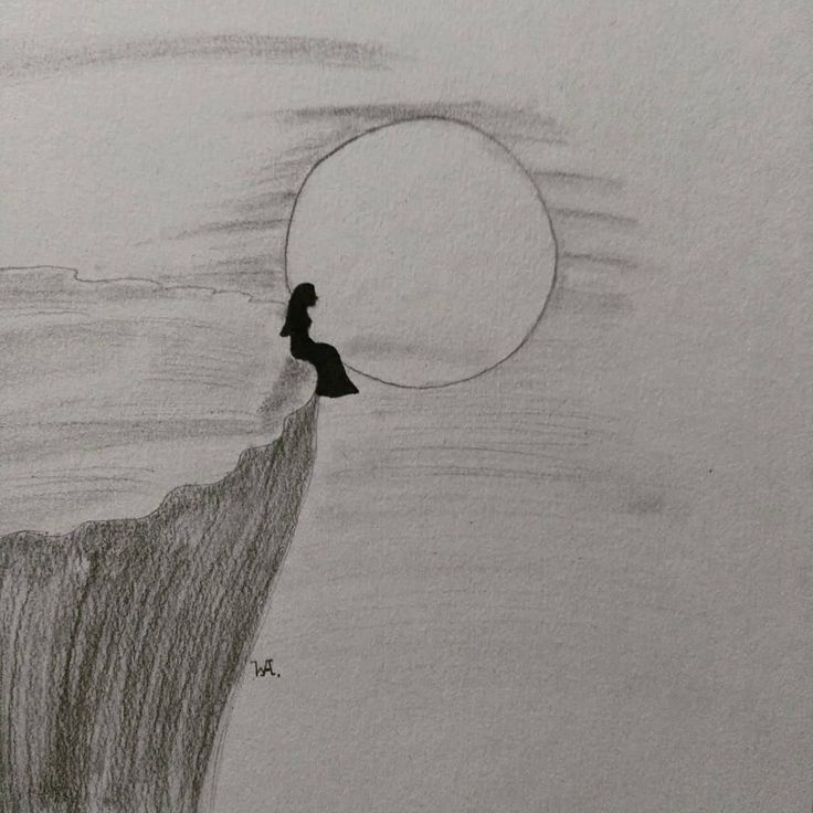 a pencil drawing of a person standing on top of a cliff with a circle above their head