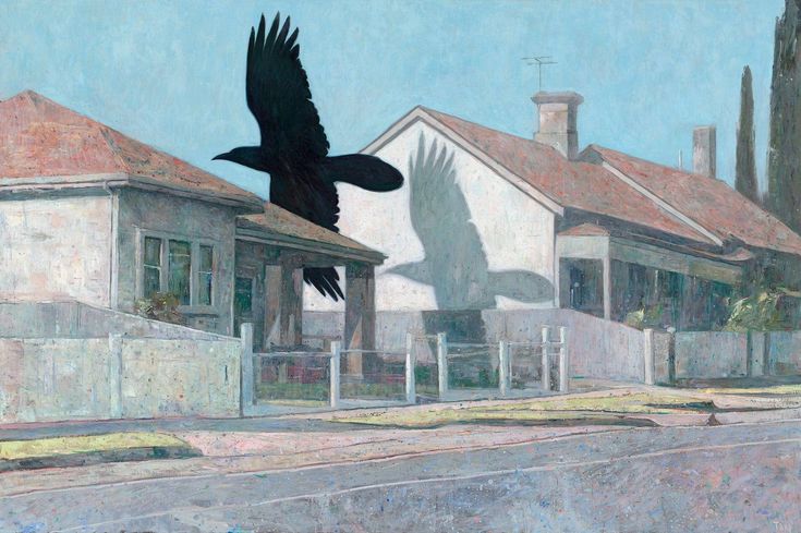 a painting of a black bird flying over some white houses and street lights in front of them