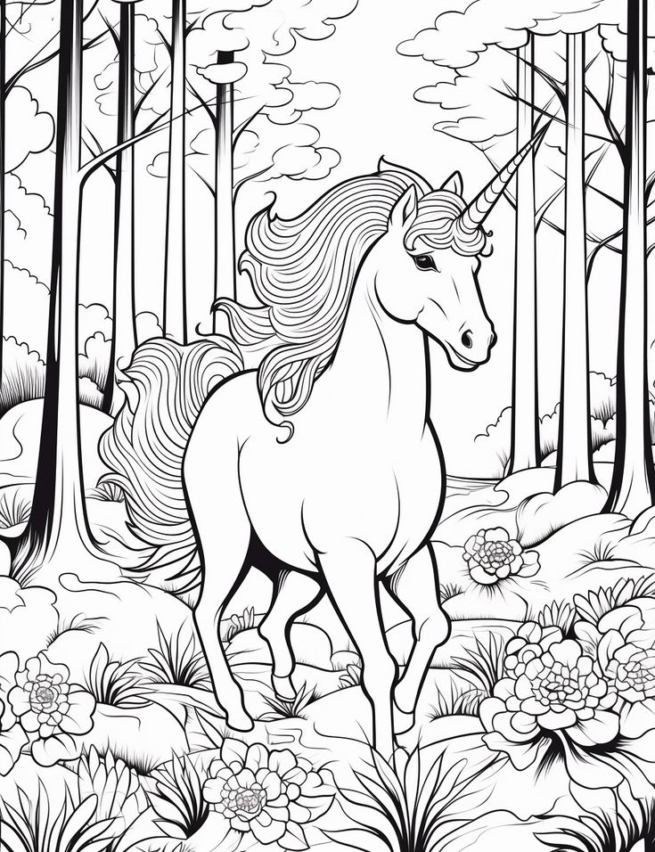 a unicorn in the woods with trees and flowers on it's back ground ...