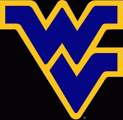 the west virginia university logo on a blue and yellow background with an arrow in the center