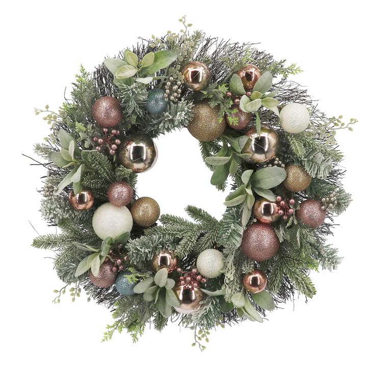 a christmas wreath with ornaments and greenery