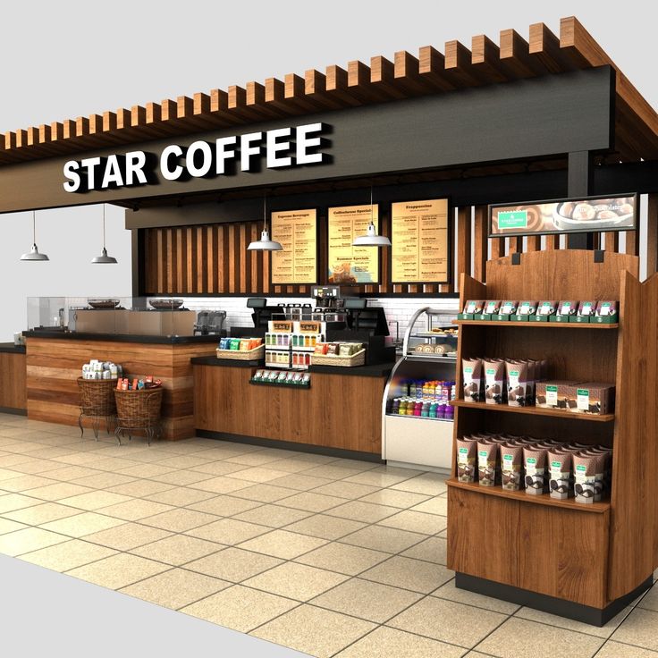 a 3d rendering of a coffee shop with an open counter and food items on display