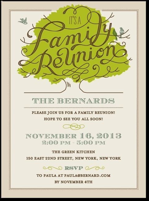 the family reunion flyer is shown with an image of a tree and leaves on it