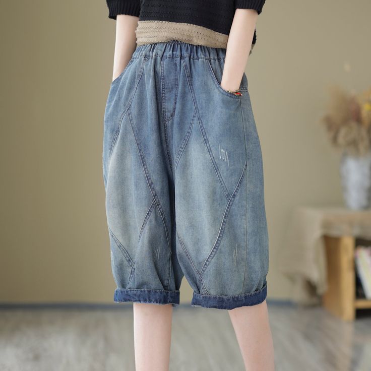 Details: Gender: Women Item Type: Shorts Material: Denim Season: Summer Pattern: Patchwork Style: Casual, Loose, Retro Waist Type: Elastic Waist Size: One Size Waist: 68.00 - 104.00 cm/ 26.77 - 40.94 " Length: 66.00 cm/ 25.98 " Hip: 126.00 cm/ 49.61 " Thigh: 70.00 cm/ 27.56 " Bottom: 46.00 cm/ 18.11 " Casual Cotton Patchwork Jean Shorts, Spring Patchwork Cotton Jean Shorts, Summer Patchwork Medium Wash Shorts, Spring Denim Blue Patchwork Shorts, Blue Cotton Patchwork Shorts, Retro Summer, Denim Patchwork, Summer Patterns, Elastic Waist