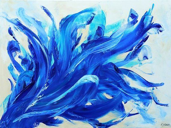 an abstract painting with blue and white colors