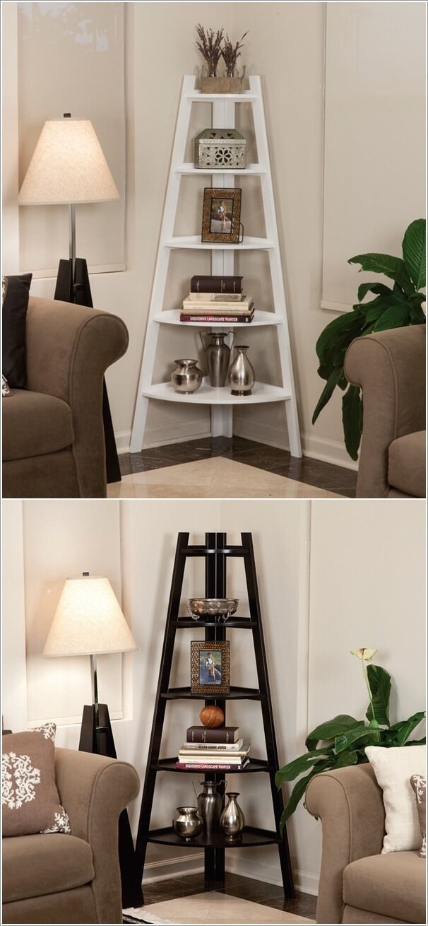 three pictures of a living room with a couch, chair and book shelf in it