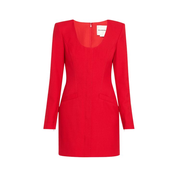 Roland Mouret tailored dress Scoop neckline Long sleeves Waist welt pockets Mini length Sheath silhouette Back zip Wool/polyester Polyester lining Imported Luxury Tailored Wool Blazer Dress, Red Knee-length Office Mini Dress, Classic Wool Single-breasted Blazer Dress, Roland Mouret Galaxy Dress, Roland Mouret Dress, Tailored Dress, Roland Mouret, Bergdorf Goodman, Welt Pockets