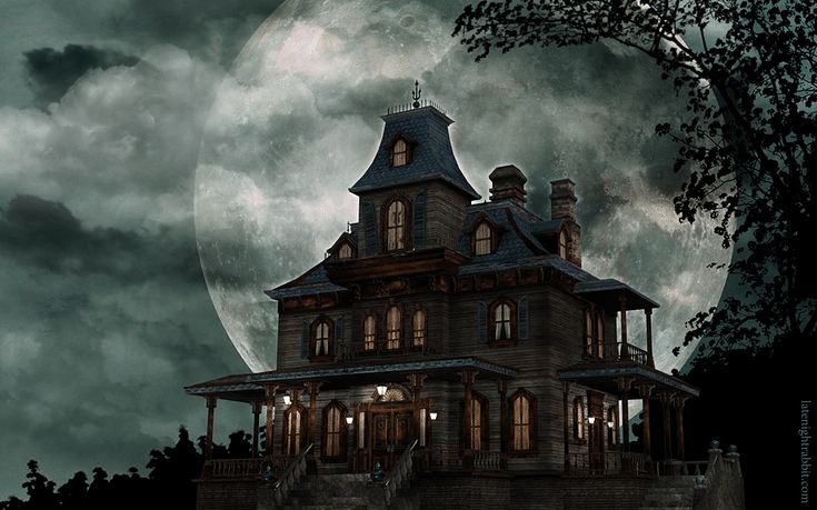 an image of a creepy house in the night with full moon and clouds behind it