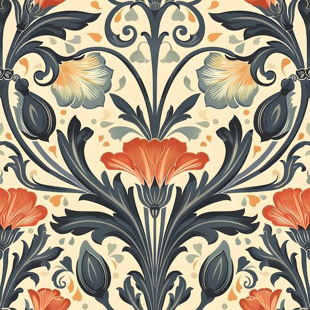 an ornate wallpaper with orange flowers and blue leaves on white, red and gray colors