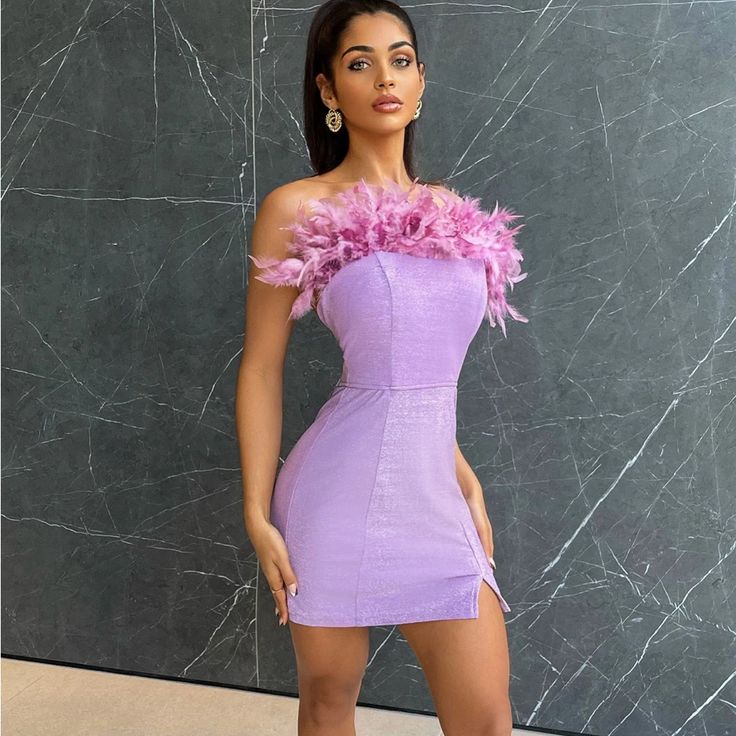 Feathered Fashion Nova Mini Dress On Purple Color In Brand New Condition Summer Cocktail Mini Dress With Feather Trim, Summer Cocktail Purple Bodycon Dress, Purple Bodycon Dress For Spring Evening, Purple Spring Evening Bodycon Dress, Spring Purple Evening Bodycon Dress, Flirty Summer Dress With Feather Trim, Spring Evening Purple Bodycon Dress, Spring Evening Mini Dress With Feather Trim, Flirty Summer Dresses With Feather Trim