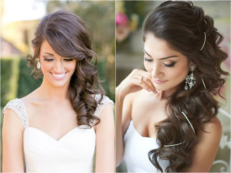 two pictures of a woman with long hair and earrings on her head, one is wearing a wedding dress