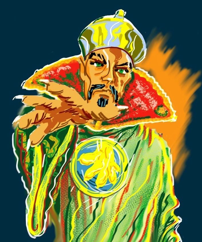 a drawing of a man with his hand on his face, wearing a green and yellow jacket