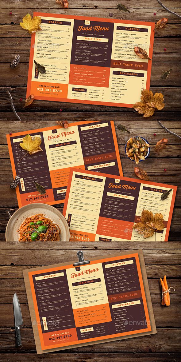 an orange and black menu is shown on a wooden table with autumn leaves around it