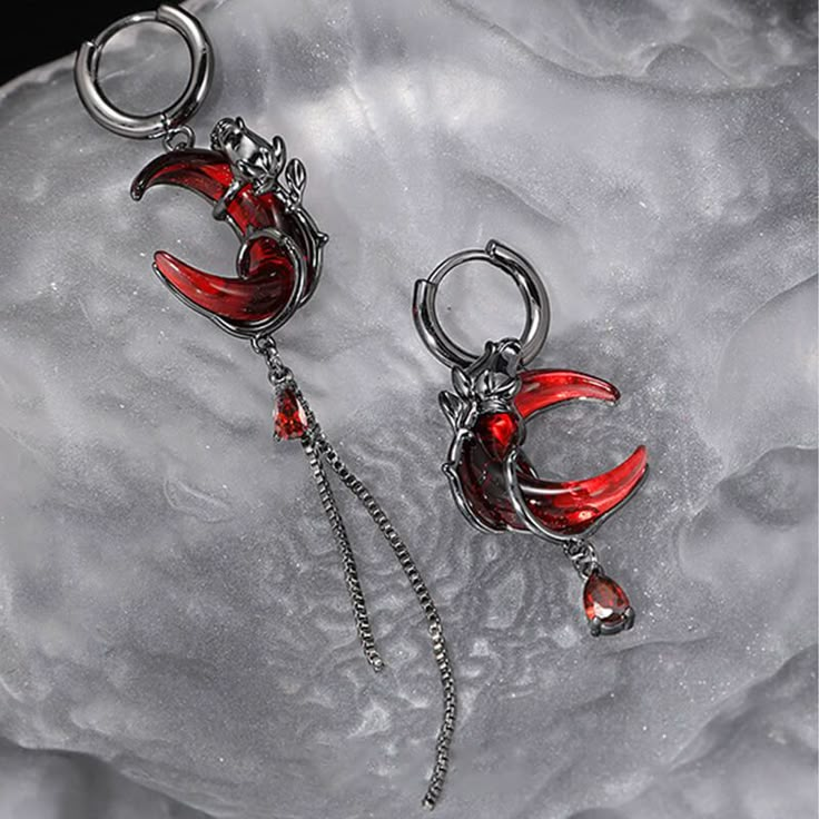 Evoke an air of timeless beauty and sophistication with our Red Rose Crescent Moon Earrings.... Vampire Earrings, Moon Accessories, Gothic Bracelet, Goth Earrings, Crescent Moon Earrings, Gothic Earrings, Body Jewelry Piercing, Magical Jewelry, Red Moon