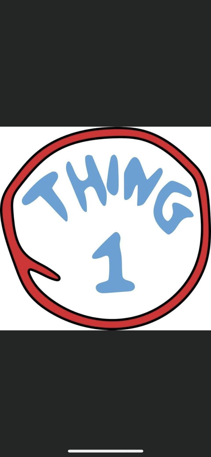 the word thing 1 is written in blue on a black and white background with a red frame