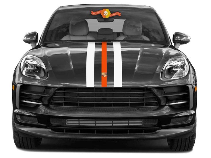 the front end of a black sports car with white stripes and an orange ribbon on it