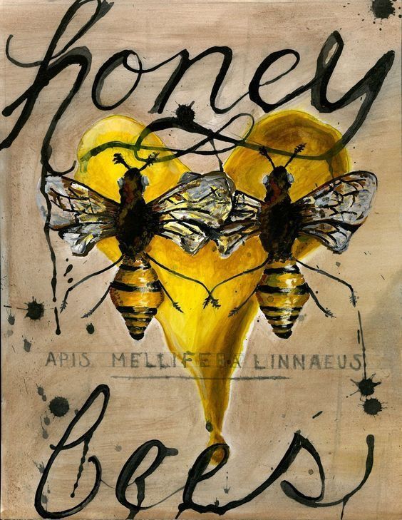 two bees with the words honey bees painted on them in black ink and yellow paint