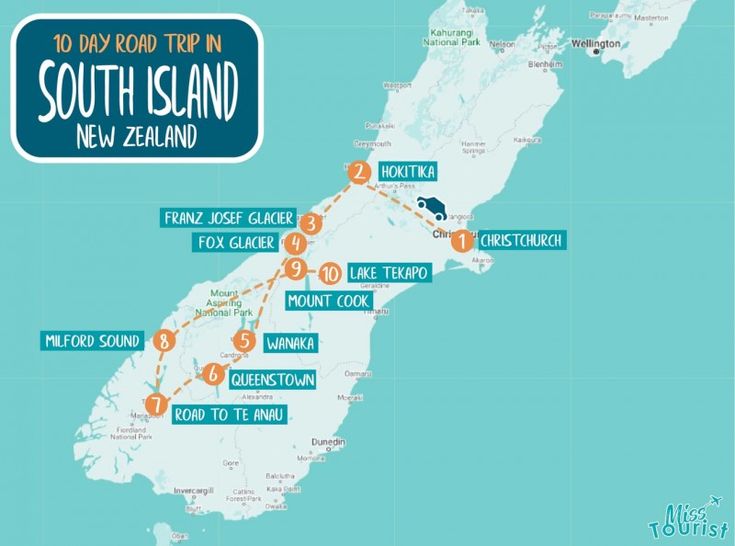 a map showing the route for south island to new zealand, including two different locations