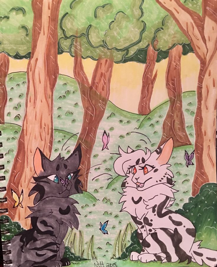 a drawing of two cats sitting in the woods