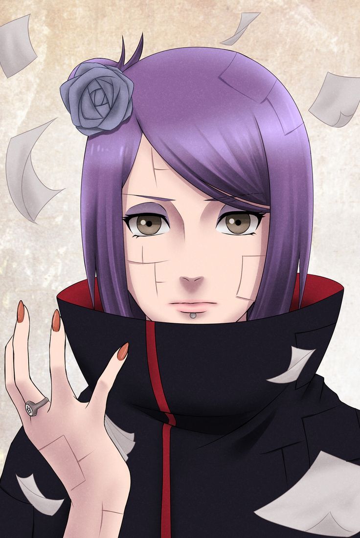 an anime character with purple hair wearing a black coat and holding her hand up in front of her face