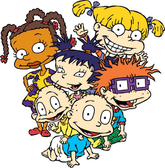 the rugrats are all wearing different outfits and hair styles, but one is in front of them