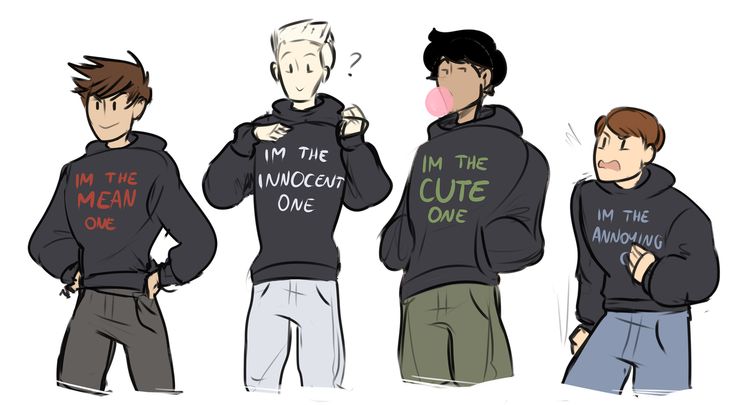 four young men wearing hoodies with the words i'm the cute one on them