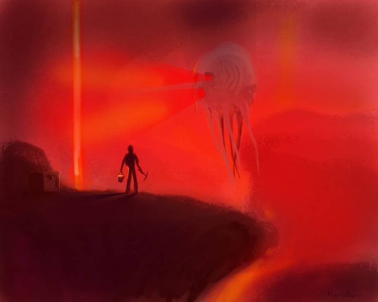 a man standing on top of a cliff under a red sky