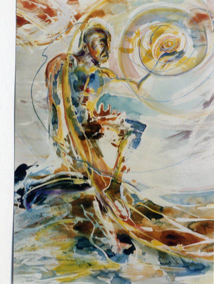 an abstract painting of a man on a surfboard