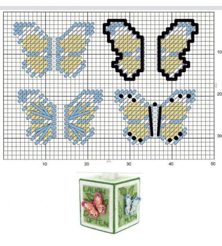 the cross stitch pattern is shown with two butterflies and one cube, which has been made from