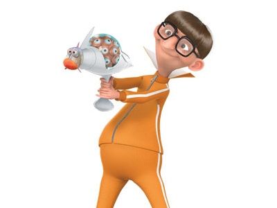 a cartoon character is holding a toy in one hand and an object in the other