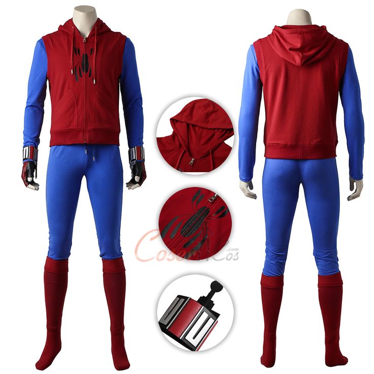 the amazing spider - man cosplay costume with red hoodie and blue pants