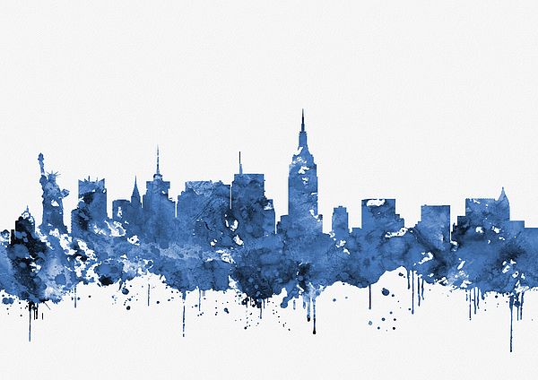 a city skyline painted in blue and white