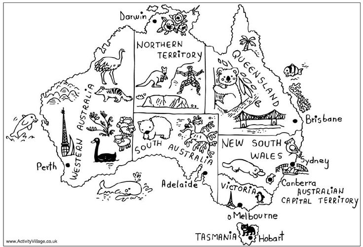 a black and white map of australia with the names of its major cities in it