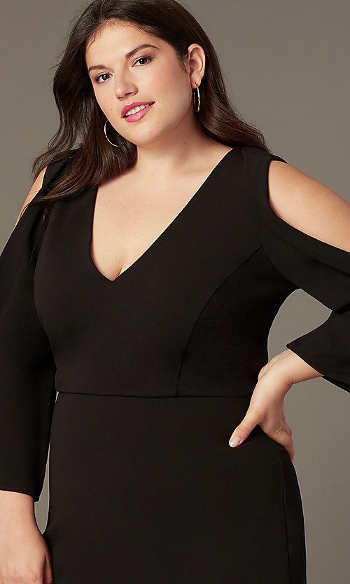 Plus-Size Sleeved Little Black Party Dress - PromGirl Black Formal Dress With Sleeves, Short Black Formal Dress, Army Green Dress Outfit, Formal Dress With Sleeves, Party Dress With Sleeves, Black Formal Dress Short, Black Formal Dresses, Little Black Party Dress, Wrap Dress Outfit