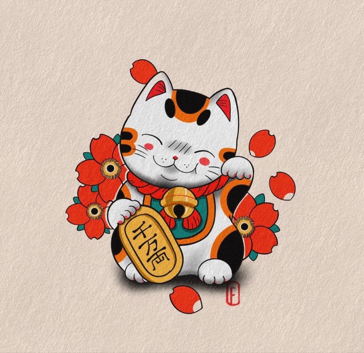 an image of a cat with flowers on it's back and the word happy written in chinese