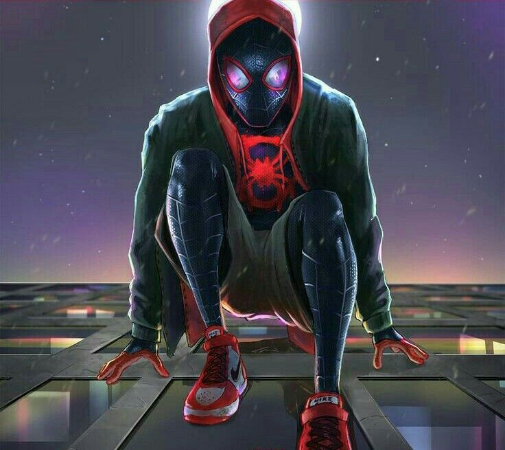 a spider man sitting on top of a tiled floor in front of a purple sky