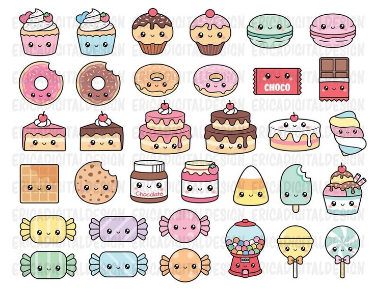 a bunch of different kinds of cakes and donuts on a white background with the words happy