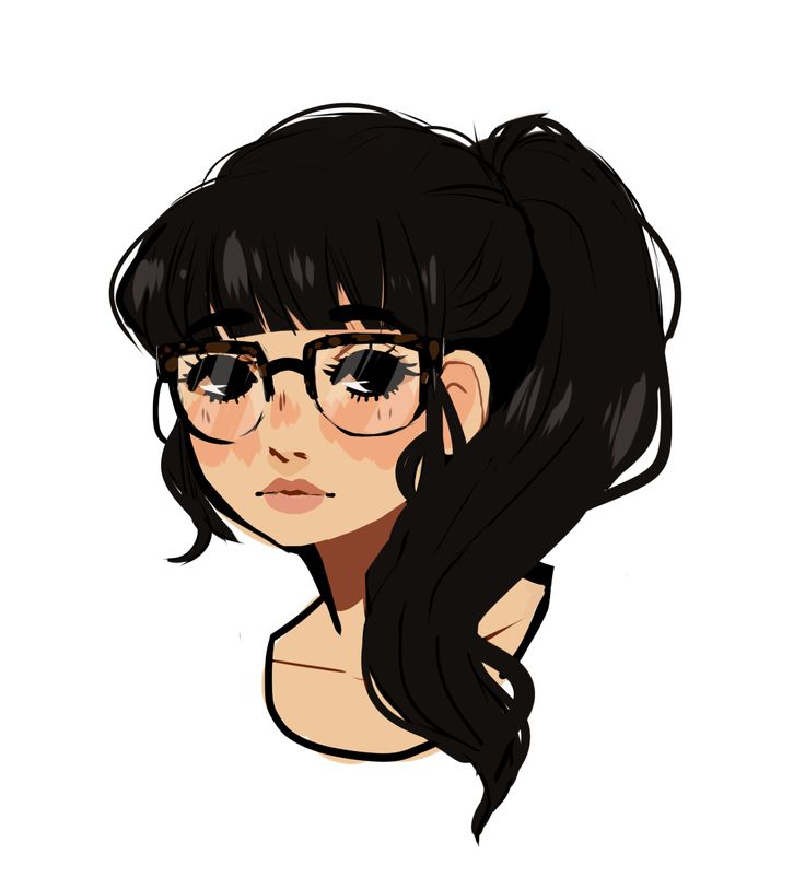 a drawing of a girl with glasses on her head and long hair, looking to the side