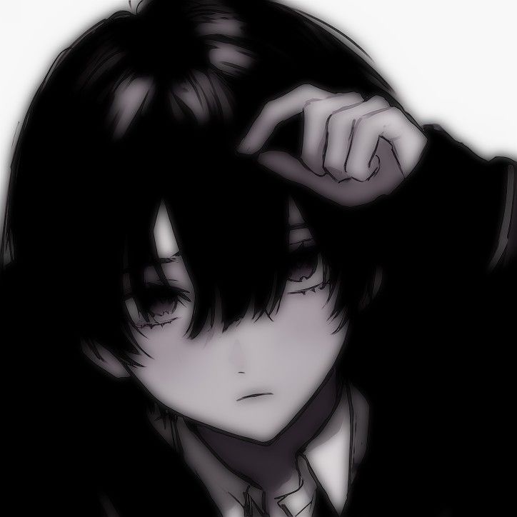 an anime character with long black hair wearing a suit and tie, holding his hand to his head