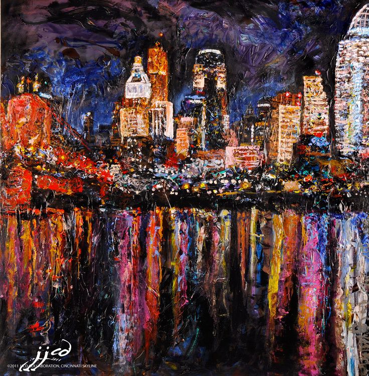 a painting of a city skyline at night