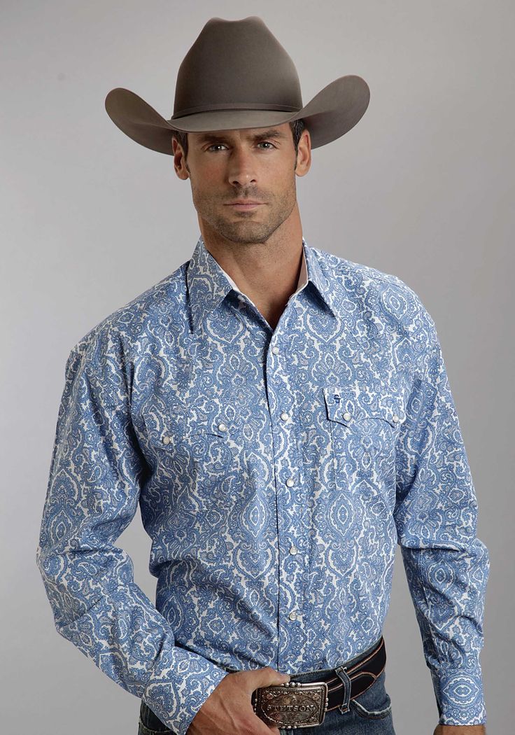 Stetson® Mens Blue Pilagree Paisley Long Sleeve Snap Front Cowboy Shirt Sleeve Ideas Men, Blue Cowboy Outfit, Pearl Snap Shirts Mens, Western Sleeve, Cowboy Shirts For Men, Mens Fashion Country, Mens Fashion Work, Mens Fashion Editorial, Cowboy Shirt