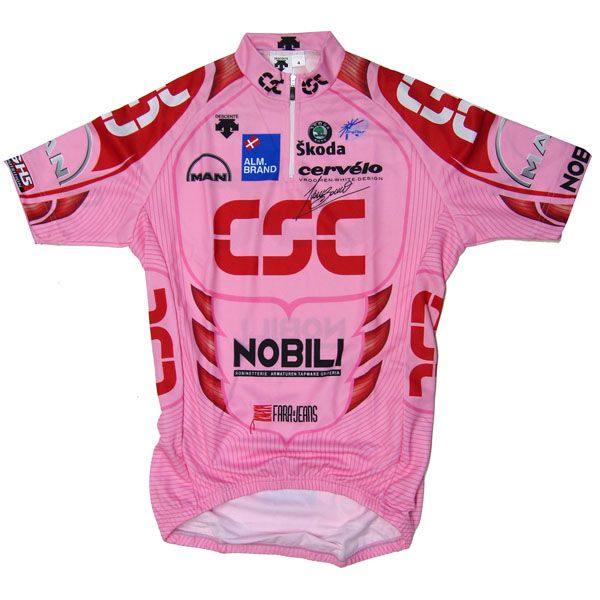 a pink jersey with red and white letters on it