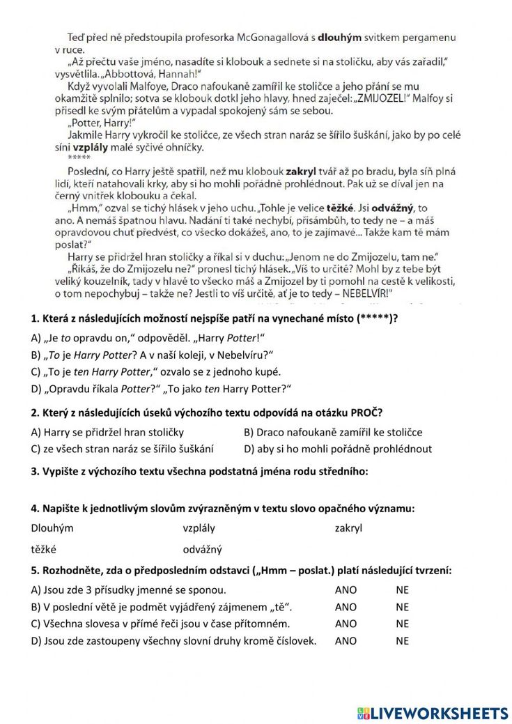 Práce s textem - Harry Potter worksheet | Workbook, School subjects ...