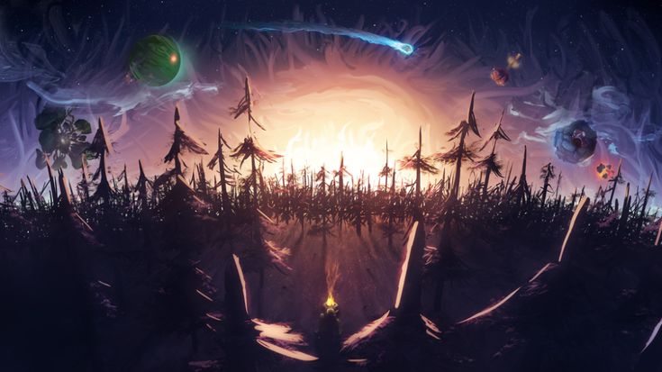 the sun is shining brightly over an alien landscape, with trees and planets in the background