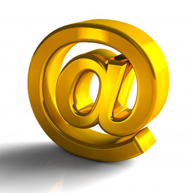 an email sign is shown in gold on a white background with the letter o inside it