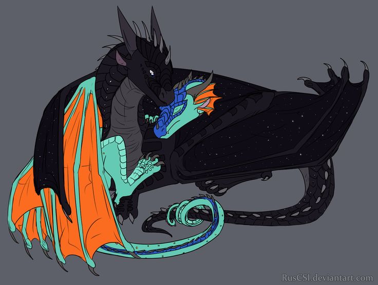 a black dragon with orange wings sitting on top of a gray surface next to a green and blue tail