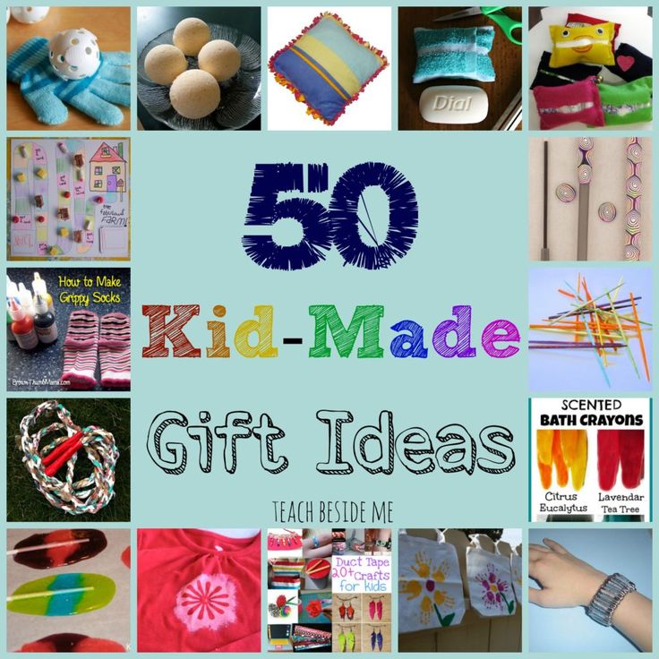 the words 50 kid - made gift ideas are in front of pictures of different crafts