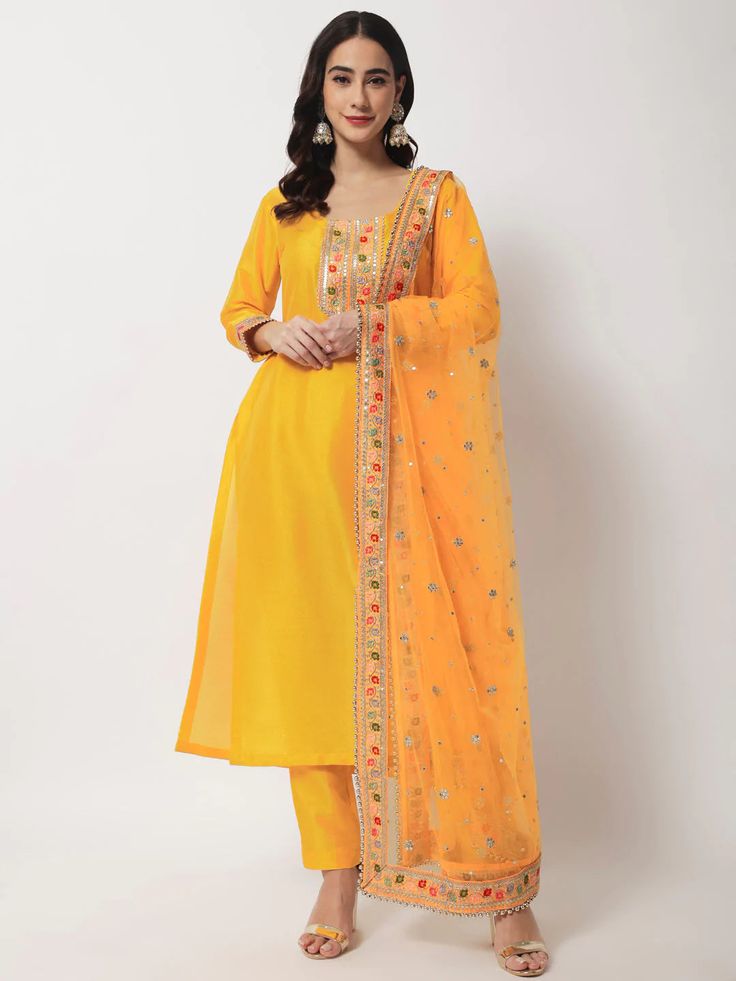 Silk Yellow Embroidered & Embellished Suit Set with Net Dupatta Yellow Embroidered Palazzo Set For Festivals, Yellow Palazzo Set With Embroidered Border For Diwali, Diwali Yellow Palazzo Set With Embroidered Border, Diwali Yellow Embroidered Palazzo Set, Yellow Embroidered Salwar Kameez With Straight Kurta, Yellow Salwar Kameez With Embroidered Border, Yellow Straight Kurta Salwar Kameez With Embroidered Border, Festive Yellow Churidar With Embroidered Border, Yellow Embroidered Sharara For Eid